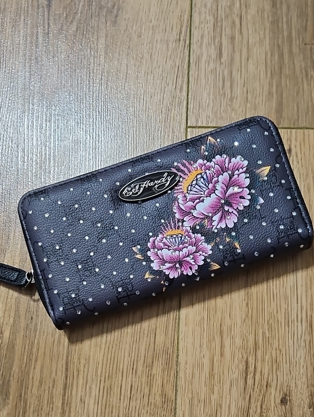 Ed Hardy Floral Tattoo Graphic Rhinestone Zip-Around Wallet
